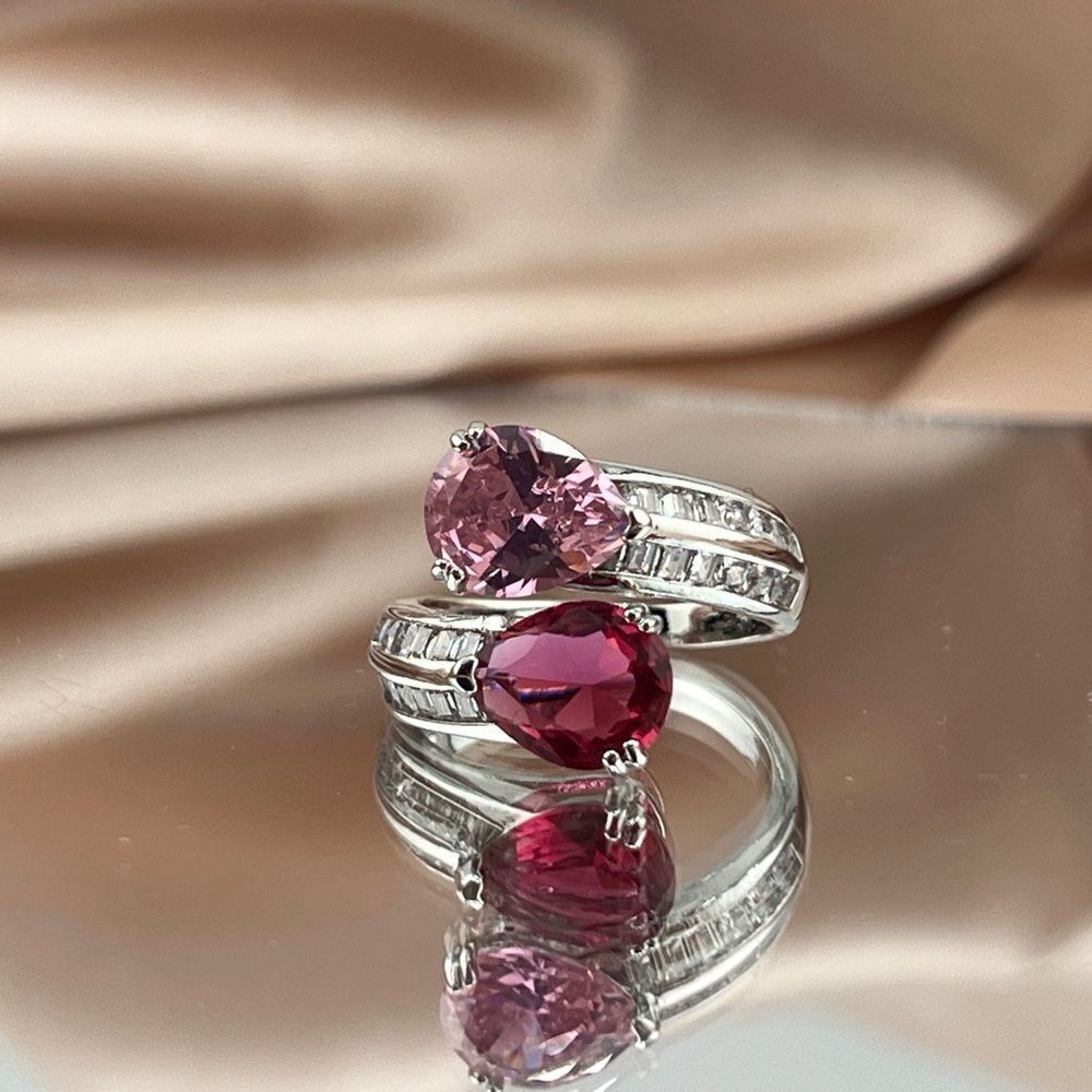 Sterling Silver Pink and Red Drop Gemstone Ring - Picture 3 of 6